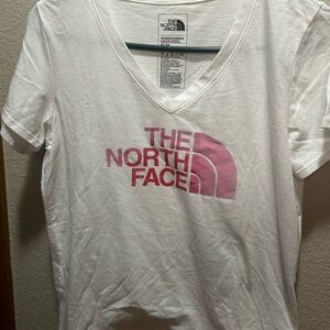 The North Face Women's White Tee with Pink Logo